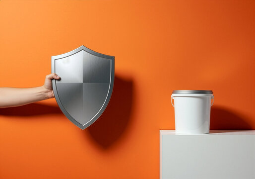 Hand holding metal shield protecting against impact representing strength safety and durability