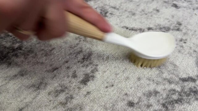 Close up hand scrubbing stain from carpet with cleaning brush. Removing dirt spot from fabric surface, household cleaning and maintenance concept