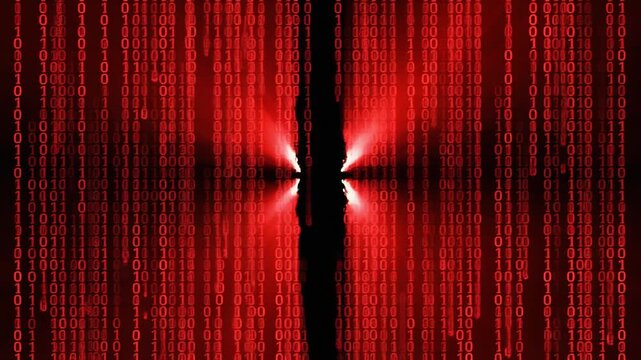 Red binary code rain on black background, digital data flow in cyber space, futuristic movie style.　黒背景に降り注ぐ赤色のバイナリコード、サイバー空間のデジタルデータフロー、フルHD