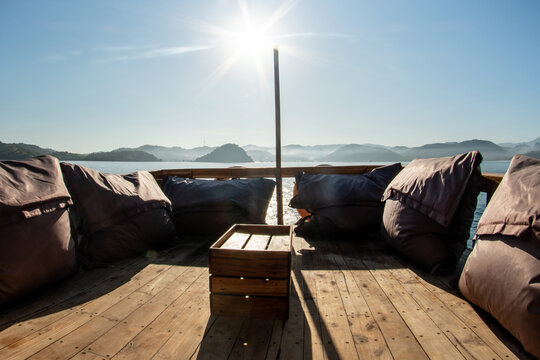Sunset chill lounge with Komodo hills landscape in Labuan Bajo Indonesia