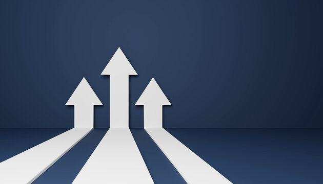 Three flat arrows up, concept of business target reach, 3D rendering illustration