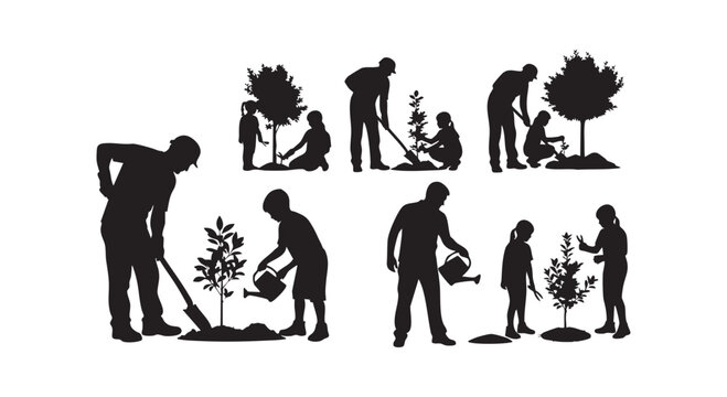 Gardening silhouette set depicting people planting and watering trees for nature conservation and environmental care.