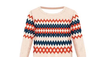 Naklejka premium Cozy knitted winter sweater features a traditional fair isle style pattern with vibrant red, navy blue, and white diamonds.