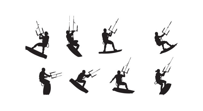 Group of black silhouettes of kitesurfers riding boards on ocean waves captured in dynamic extreme sports action poses.