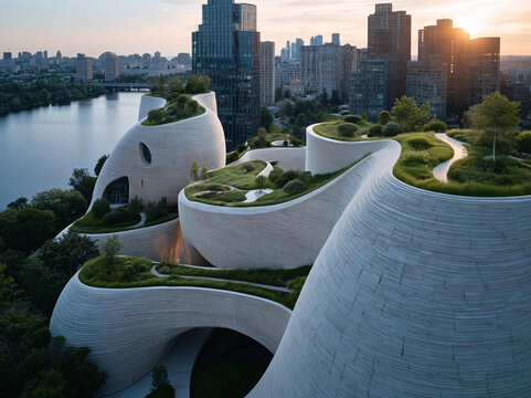 Futuristic spiral green towers rise above the city, their layered terraces filled with lush trees at sunrise.