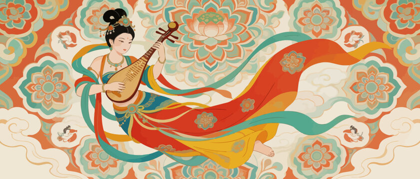 Woman in traditional attire playing stringed instrument