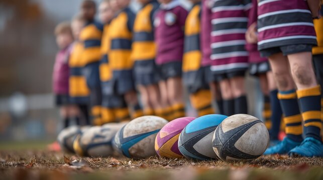 Kids in Rugby Uniforms Standing on Field with Balls in Autumn Scene