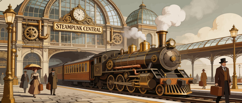 Steampunk train station with steam engine