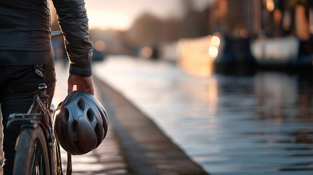 Person Standing Beside Bicycle on Paved Path Near Water During Sunset
