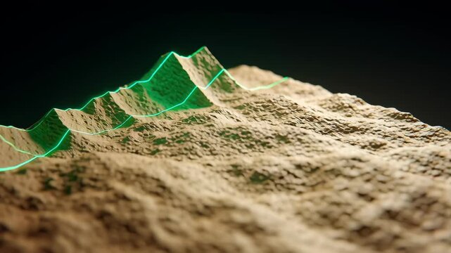 Digital tracking sustainable mountain and valley terrain with glowing green light lines highlighting textured landscape for environmental monitoring