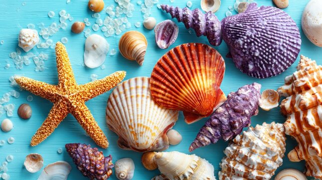 Colorful seashell collection on blue surface overhead view nature background