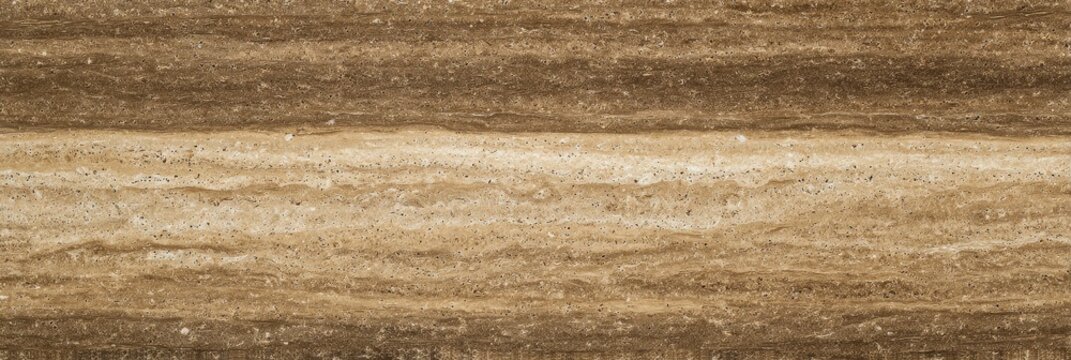 Tan travertine stone texture with layered horizontal veins, speckled pores, and warm earthy bands for natural architectural background use