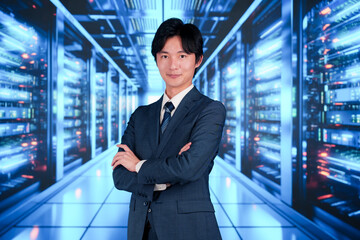 Fototapeta premium サーバールームで働く若い男性