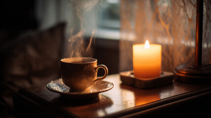 Obraz premium Cup of tea steaming beside a burning candle on a nightstand. 