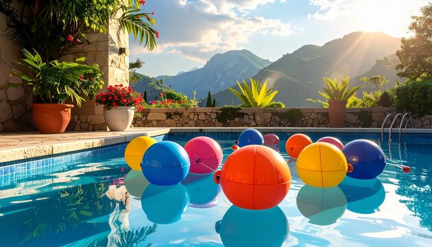 Inflatable balls floating in a swimming pool with a mountain landscape backdrop at sunset golden hour floating mountains landscape colorful