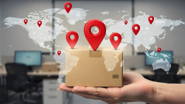 Hand holding package with world map and red location pins global delivery concept