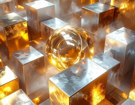 Golden sphere and metallic cubes