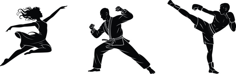 Dynamic silhouettes of dancer karate fighter and kickboxer showcasing motion and strength © Masud