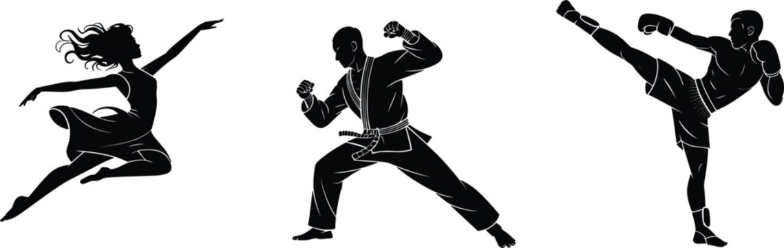 Dynamic silhouettes of dancer karate fighter and kickboxer showcasing motion and strength