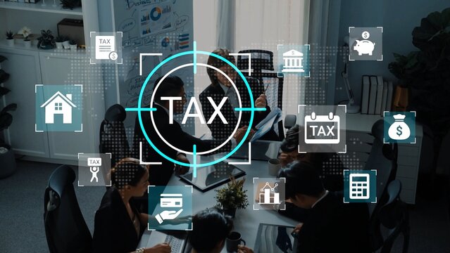 Business meeting with tax planning and financial strategies visualized through digital icons and graphics in an office environment Gluon.