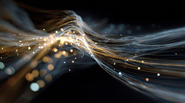 Data river flowing light streams merging into a decision core. 