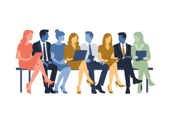 Fototapeta premium Illustration of a diverse business group sitting on a bench, some using laptops, representing corporate teamwork, networking, talent acquisition, or a waiting area for interviews