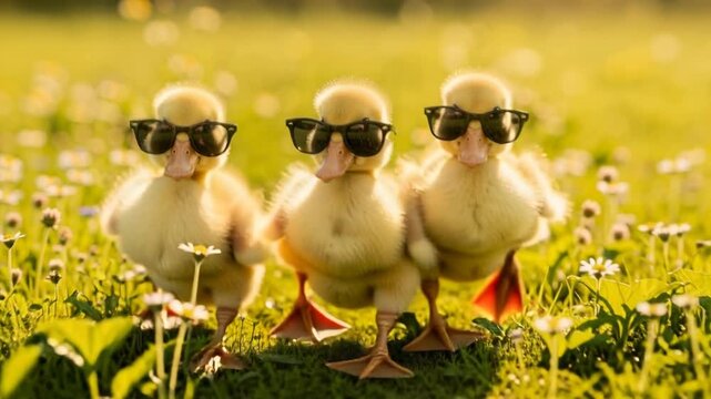 Three adorable fluffy ducklings wearing cool sunglasses strut confidently through a sunny outdoor setting