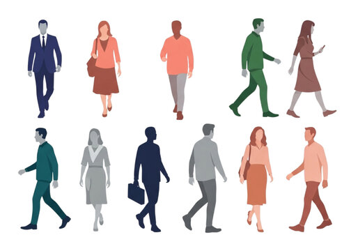 Collection of diverse diverse people walking in a modern flat design style, illustrating movement and urban life