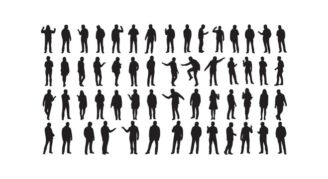Large group of black silhouettes of people standing in various poses for architectural visualization design.