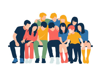 Obraz premium A vibrant group of diverse young friends sitting closely, embodying modern youthful companionship, strong community bonds, and mutual support in a unified gathering