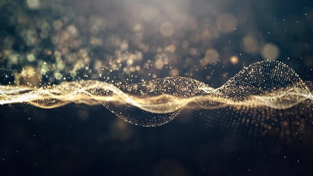 Abstract golden particle wave flowing on dark background with bokeh, motion graphics, seamlessly loops　暗い背景に流れる抽象的な金のパーティクルウェーブとボケ、モーショングラフィックス、シームレスループ動画