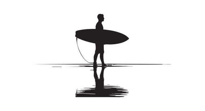 Minimalist black silhouette of lonely surfer standing on beach holding long surfboard overlooking ocean horizon.