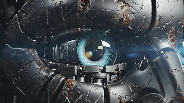 Closeup of a detailed weathered metallic robot eye and chest armor.
