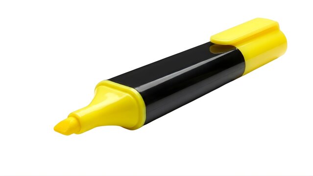 A yellow and black highlighter pen with a pointed tip on a white background