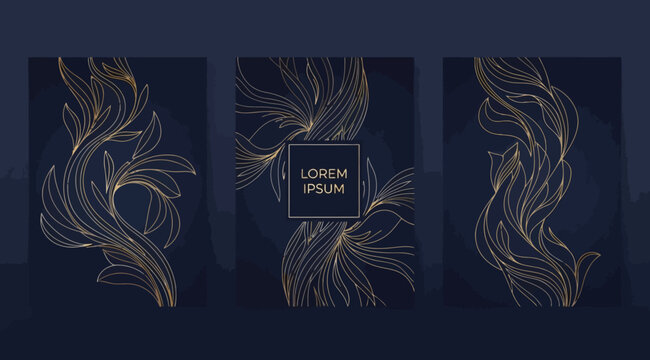 Set of luxury dark blue and gold covers with abstract flowing line art floral patterns