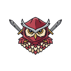Naklejka premium Cartoon owl mascot wearing red armor with crossed swords.