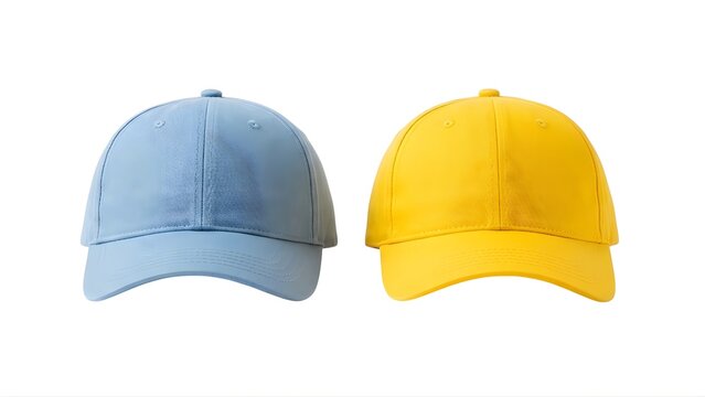 Two baseball caps one blue and one yellow are displayed side by side on a white background