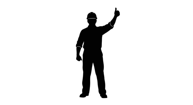 MAY DAY Black silhouette construction worker, laborer, hard hat, gesturing, pointing up vector