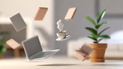 Fototapeta premium Floating laptop notebook journal coffee cup saucer steam plant pot modern workspace minimal desk scene, calm creative morning mood with soft light and shallow depth of field