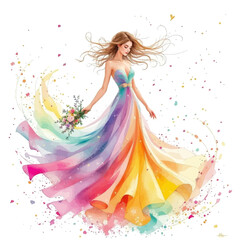 Fototapeta premium Ethereal Watercolor Illustration of a Graceful Woman in a Flowing Rainbow Gown with Sparking Petals and Floral Bouquet 