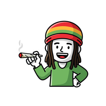 Cartoon Rastafarian character with dreadlocks holding a smoking marijuana joint.