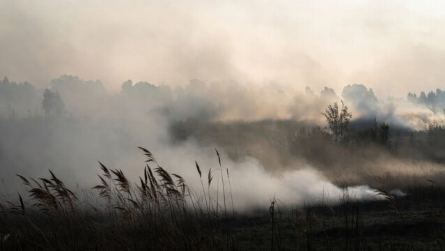 Smoke fog marsh reed grass haze wetland misty landscape sunrise smoky marsh with low fog and windswept reed creating eerie atmospheric scene in muted light