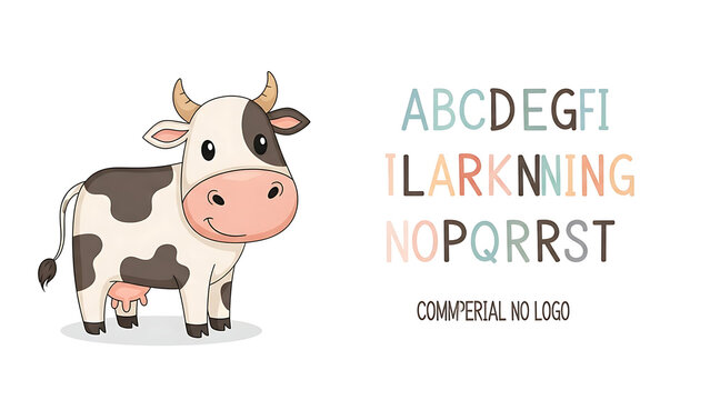 Friendly cow with abc blocks, isolated on a transparent background