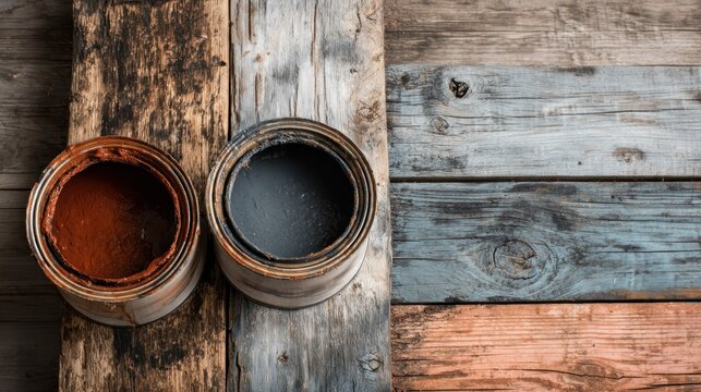 Paint cans on weathered wood surface showing textures and colors