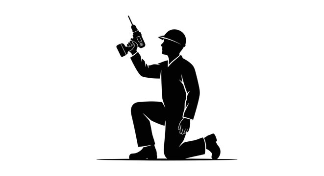 MAY DAY Black silhouette worker, kneeling technician, industrial laborer, construction worker icon vector