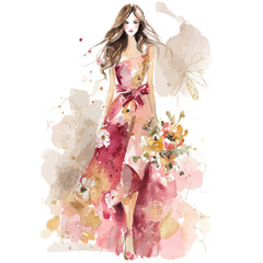 Fototapeta premium Artistic Watercolor Fashion Illustration of an Elegant Woman in a Pink Floral Gown with a Burgundy Bow Accent 