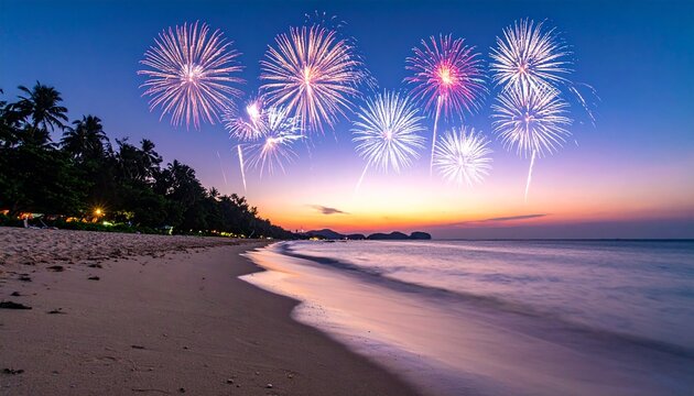 Spectacular fireworks explode in the night sky over a calm tropical beach, casting colorful reflections on the ocean surface and illuminating the shoreline