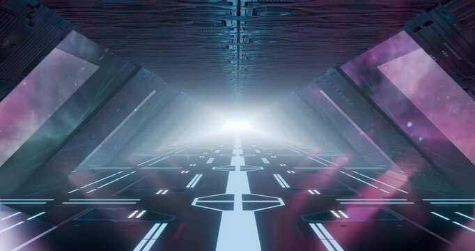 Futuristic neon sci-fi corridor with glowing grid floor looping animation
