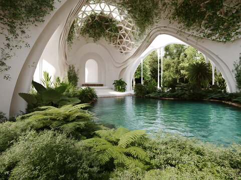 A lush indoor garden with white gothic arches, climbing pink flowers, and a tranquil natural pool.