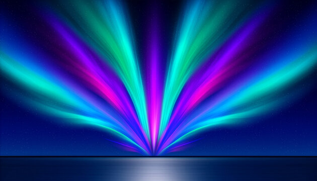 Abstract aurora borealis background with colorful light rays, northern lights effect on night sky　カラフルな光の線が放射状に広がる抽象的なオーロラ背景、夜空のノーザンライツ効果